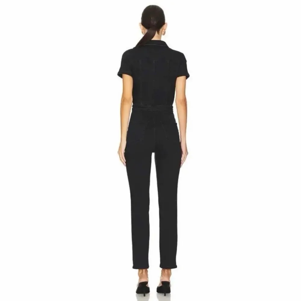 NWT Good American Sz M Fit For Success Black Denim Short Sleeve Utility Jumpsuit - Picture 2 of 6